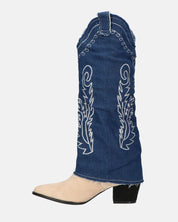 FRANCYS - stivali camperos alti in tessuto denim blu e camoscio beige