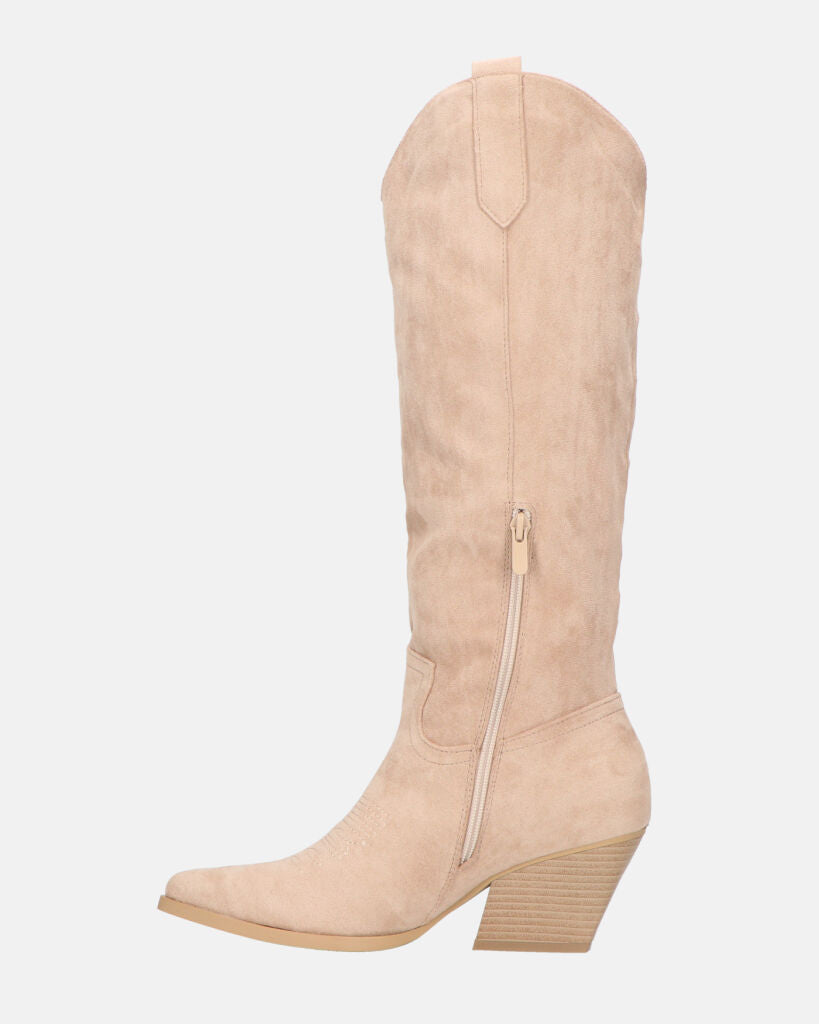 TETYANA - stivali alti beige in camoscio con cerniera laterale