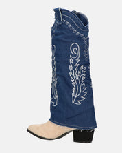 FRANCYS - stivali camperos alti in tessuto denim blu e camoscio beige