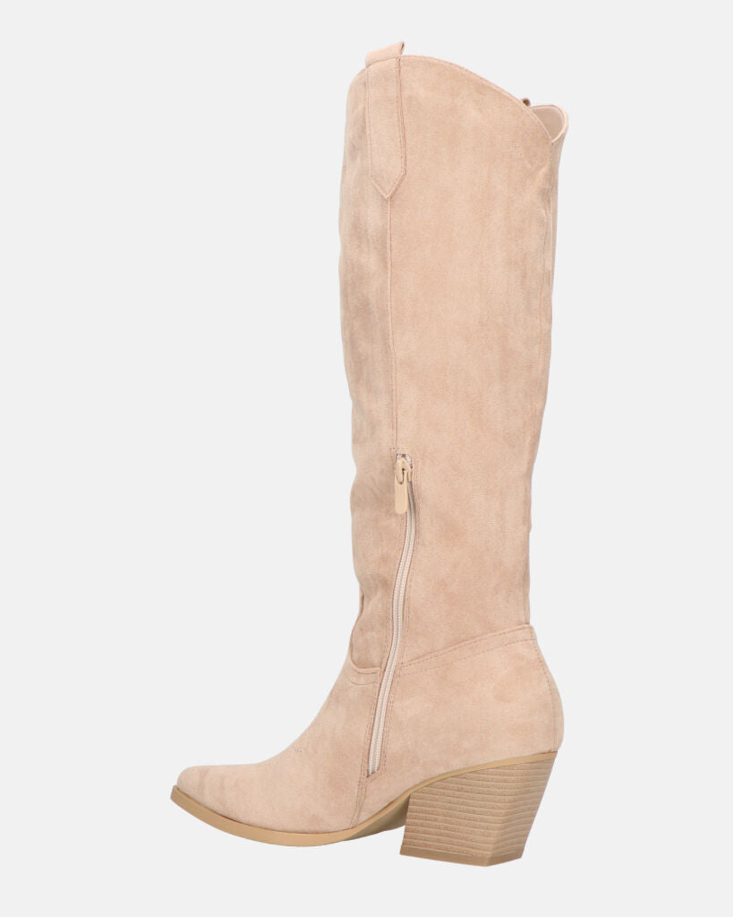 TETYANA - stivali alti beige in camoscio con cerniera laterale