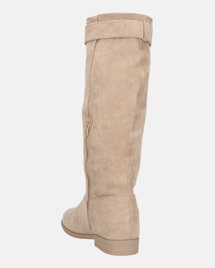 LILITH - stivali alti in camoscio beige con zip laterale con zeppa interna