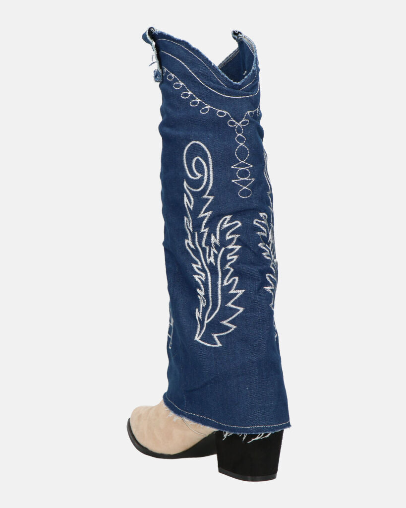 FRANCYS - stivali camperos alti in tessuto denim blu e camoscio beige