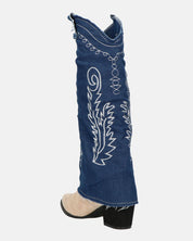 FRANCYS - stivali camperos alti in tessuto denim blu e camoscio beige