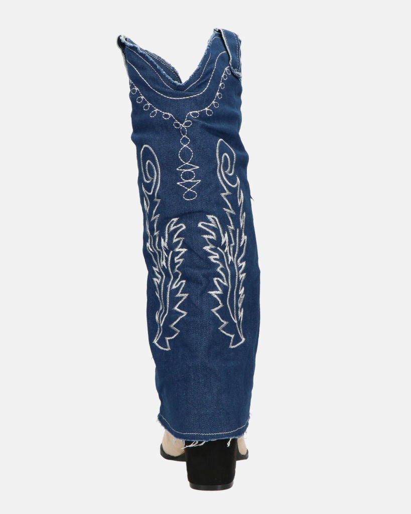 FRANCYS - stivali camperos alti in tessuto denim blu e camoscio beige