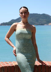 ALTHEA - vestito lungo a fascia in paillettes acquamarina