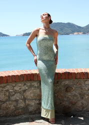 ALTHEA - vestito lungo a fascia in paillettes acquamarina