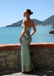 ALTHEA - vestito lungo a fascia in paillettes acquamarina