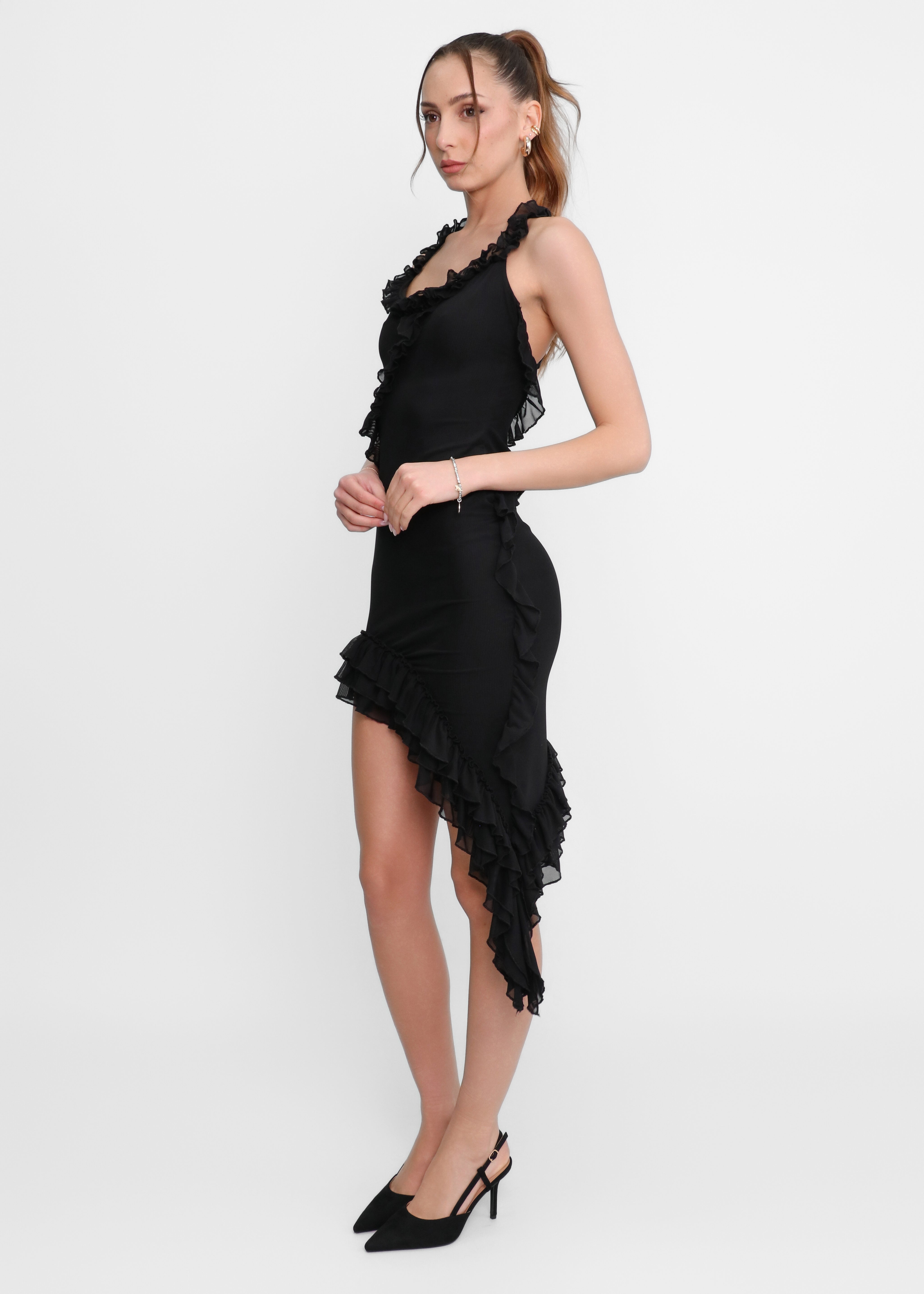 IVANA - vestito asimmetrico con volant in nero