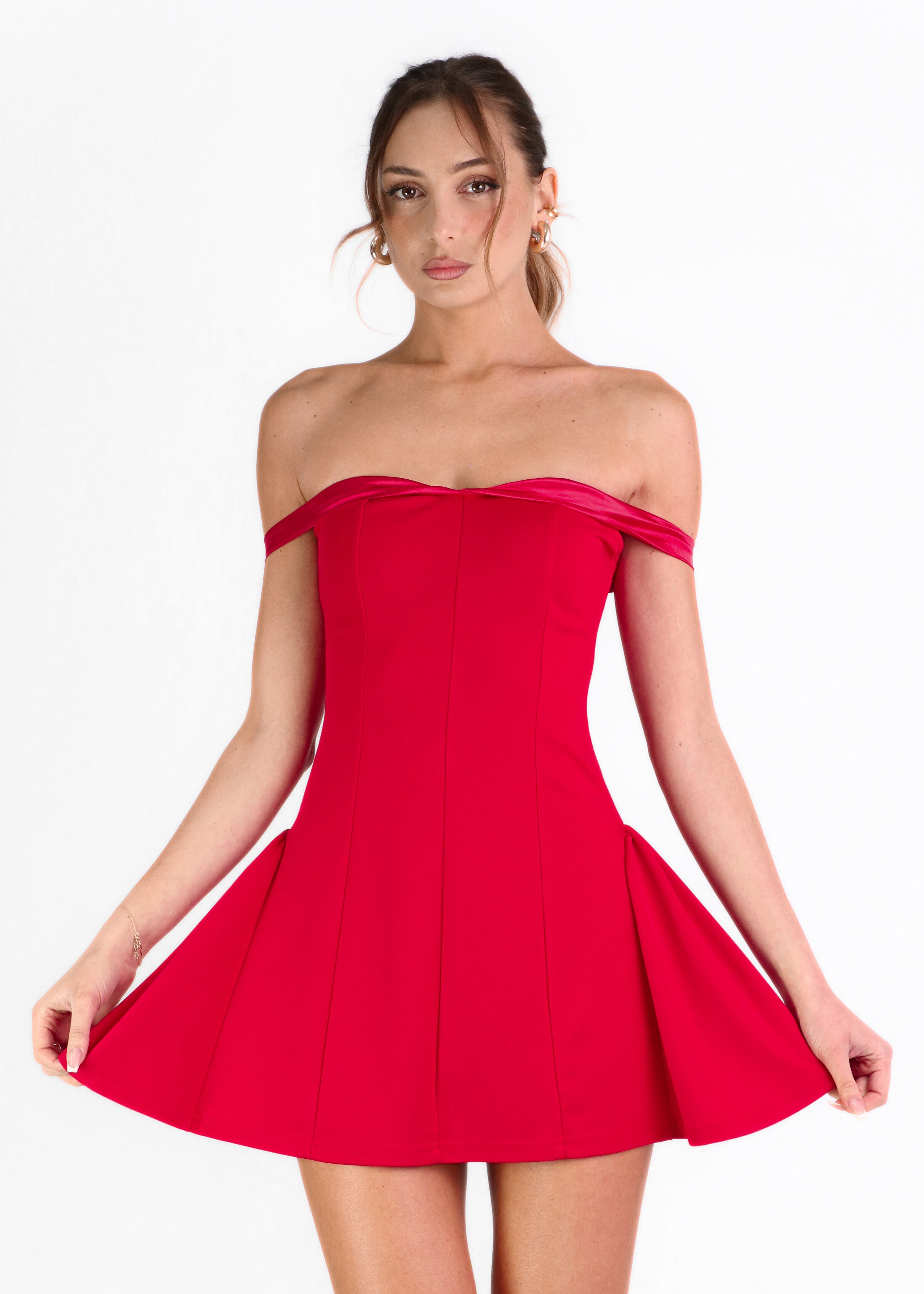 ANGELIE - vestito mini con gonna ampia e scollo Bardot