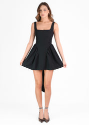 GABRIELLE - vestito mini nero con gonna ampia con scollo posteriore e fiocco