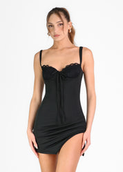 DARIA - vestito mini nero con scollo effetto corpetto in pizzo nero