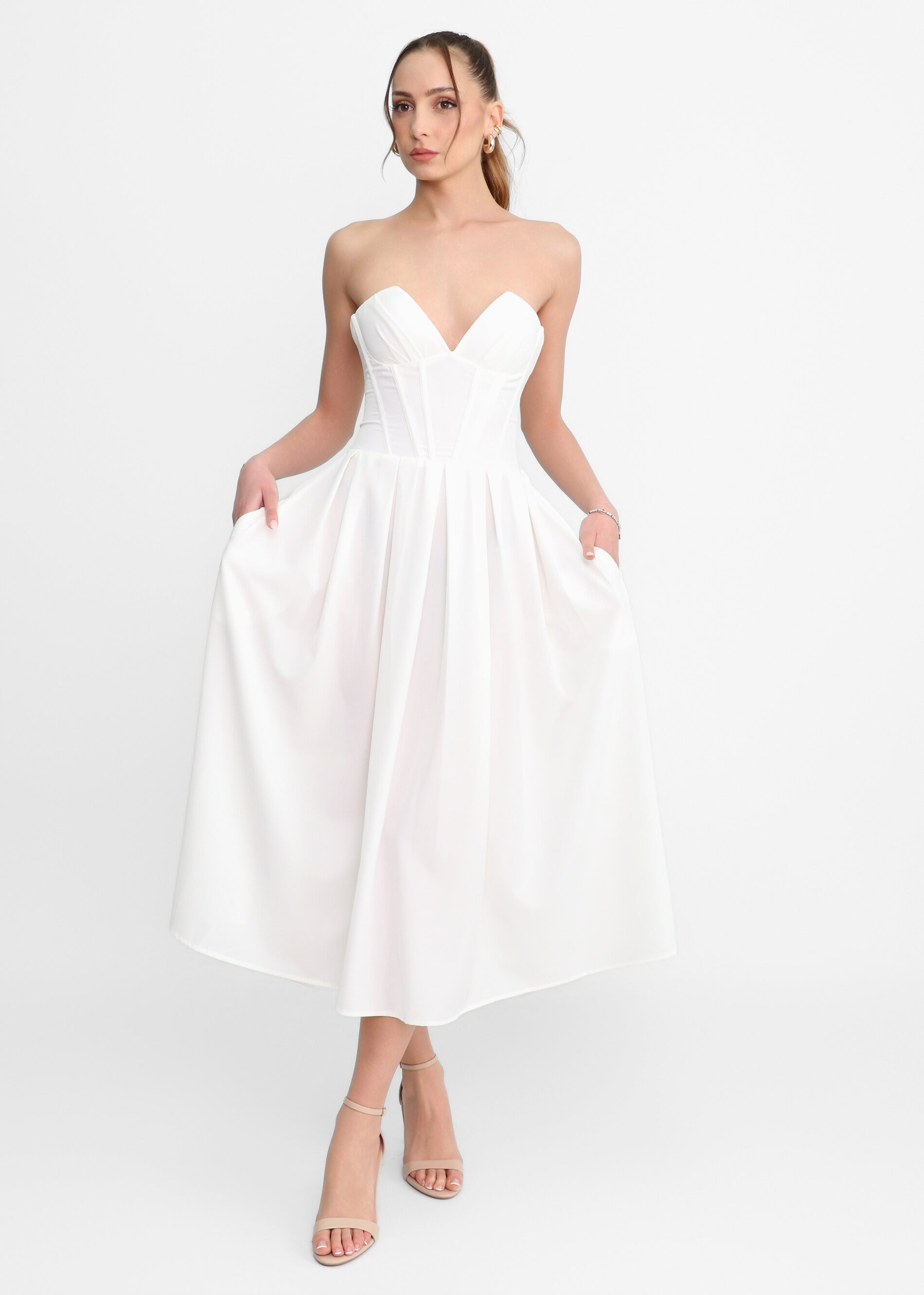 JADA - vestito midi a ruota bianco con corpetto senza spalline