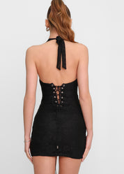 ALEXIS - vestito mini in pizzo nero con allacciature e scollo profondo