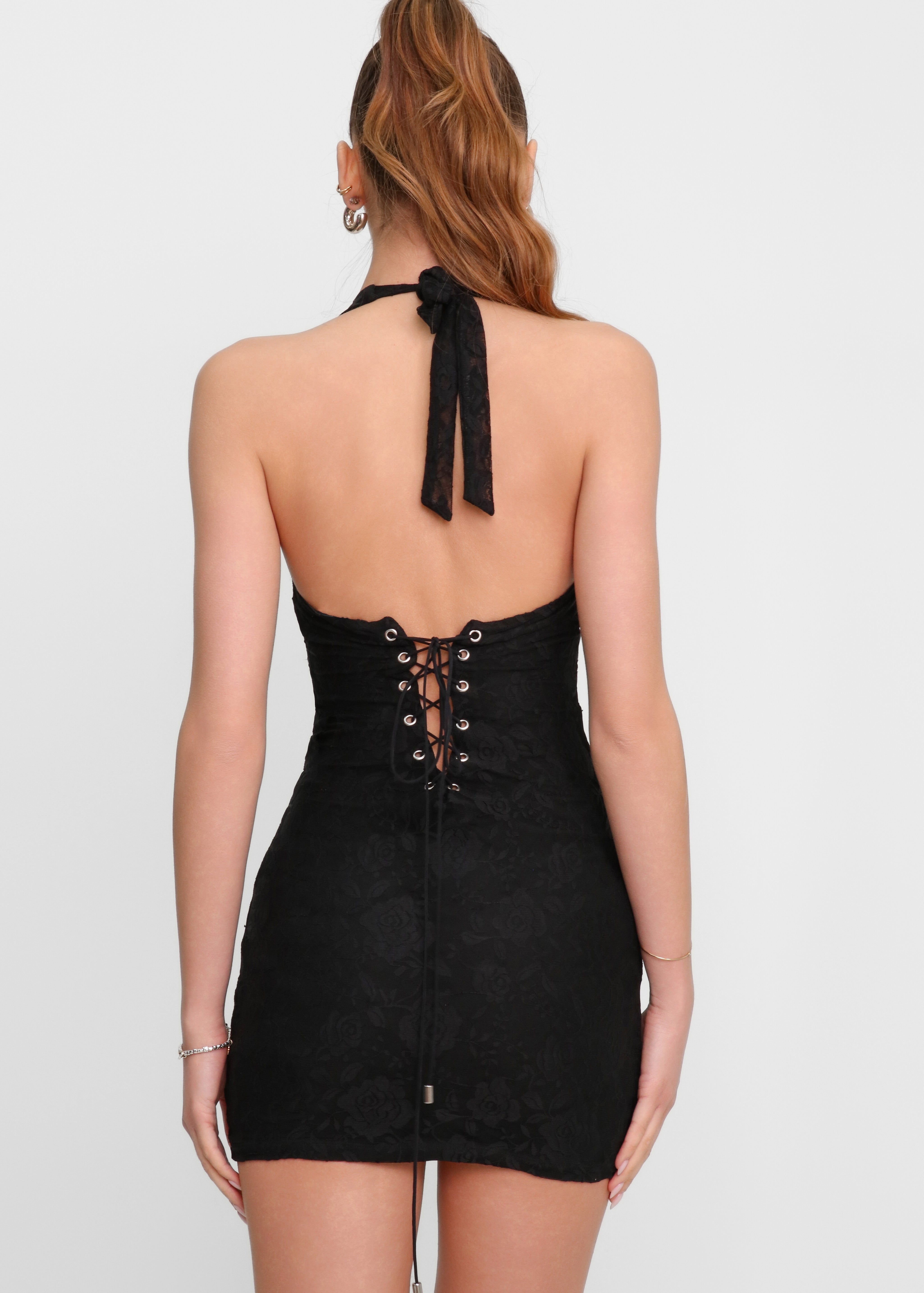 ALEXIS - vestito mini in pizzo nero con allacciature e scollo profondo