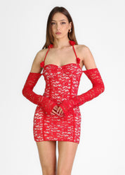 KYLA - vestito mini in pizzo rosso con lacci con rose in pizzo