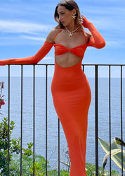 JEMIMA - vestito lungo arancione con spalle scoperte e cut out