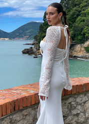 SOLEA - vestito bianco lungo con maniche in pizzo