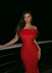 VENICE - vestito rosso midi con scollo con piume