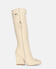 DEVA - stivali alti beige con cerniere e tacco squadrato