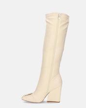 DEVA - stivali alti beige con cerniere e tacco squadrato
