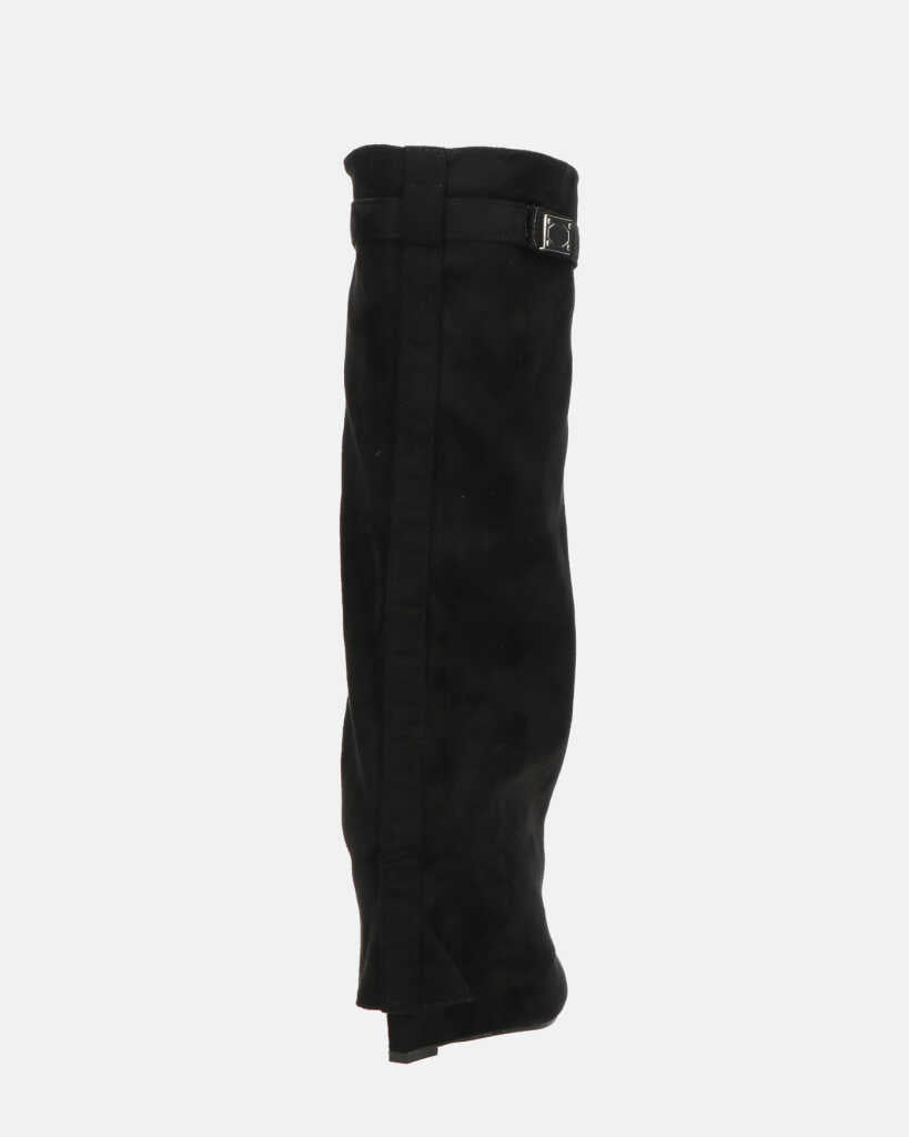 FLAVIA - stivale alto in camoscio nero con risvolto e cerniera