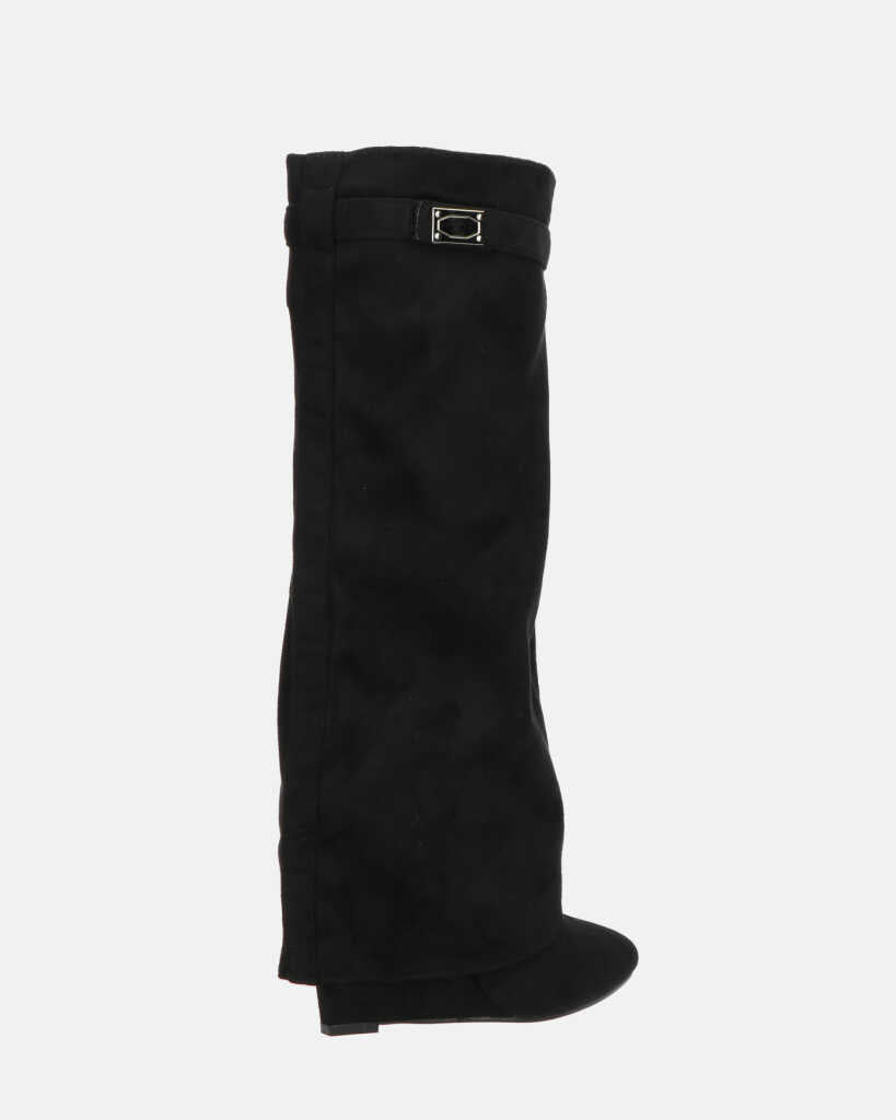 FLAVIA - stivale alto in camoscio nero con risvolto e cerniera