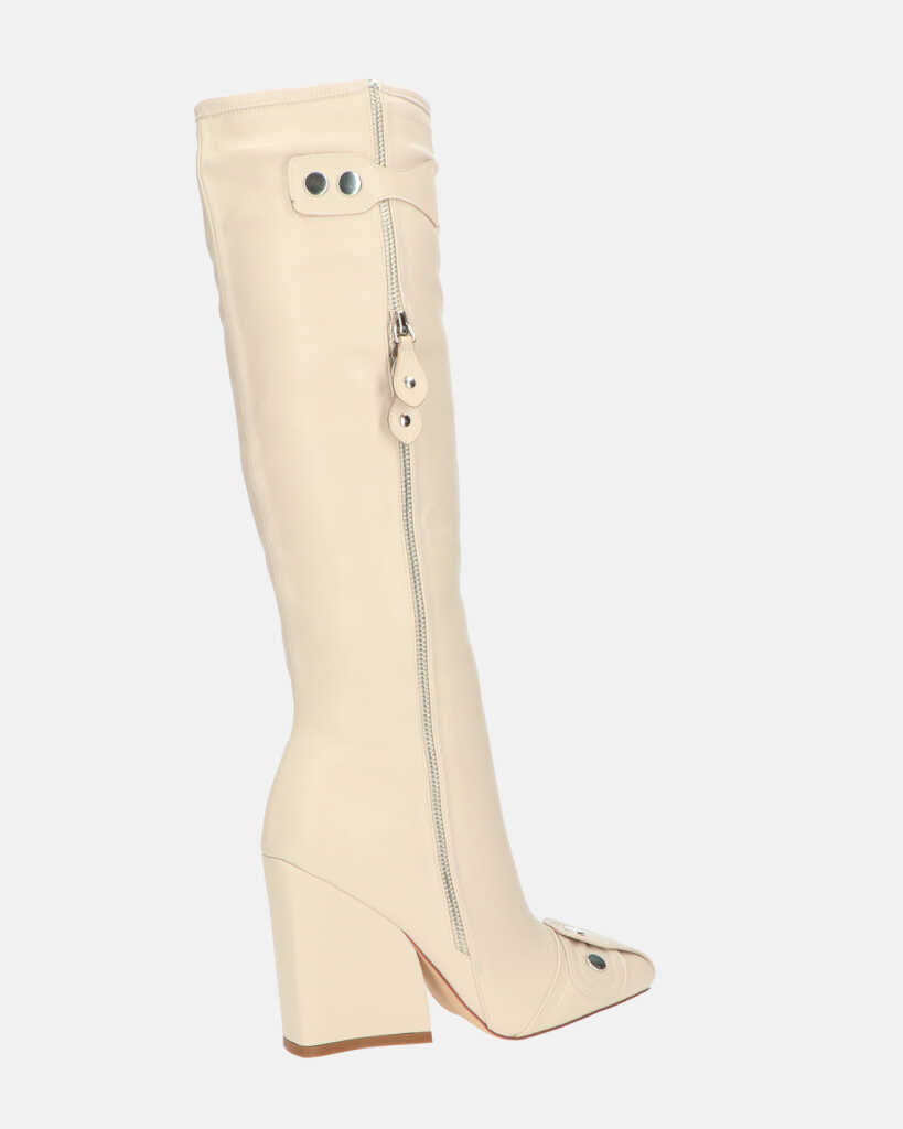 DEVA - stivali alti beige con cerniere e tacco squadrato