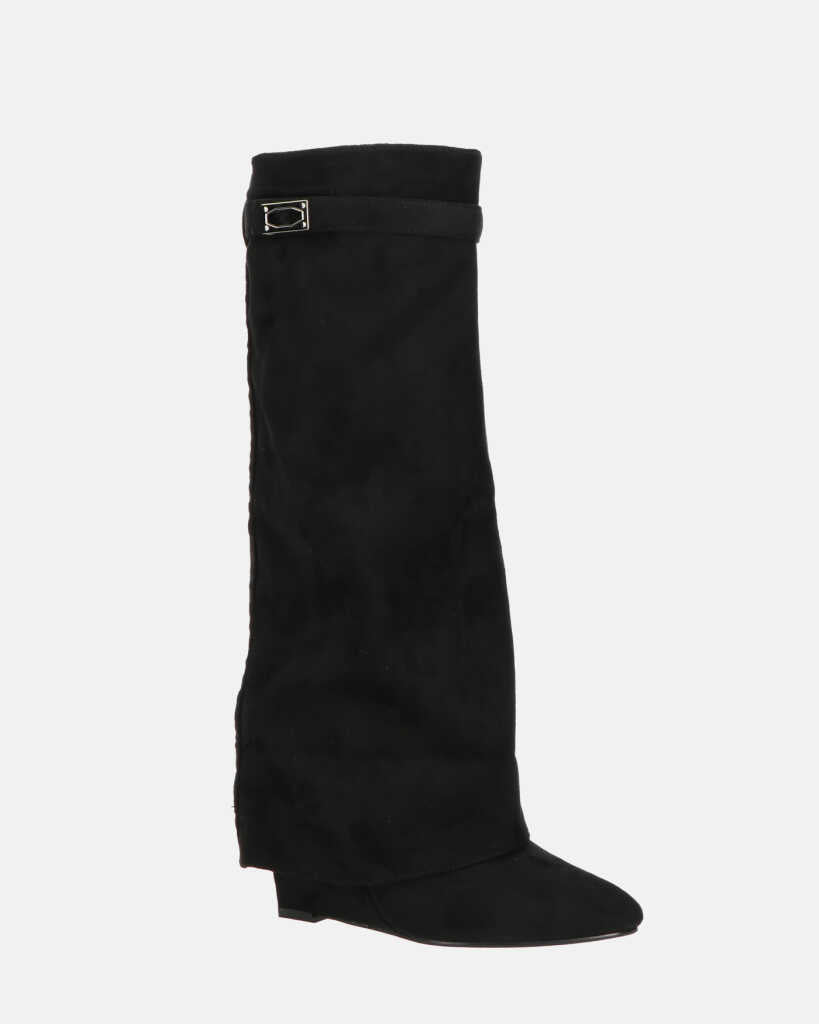 FLAVIA - stivale alto in camoscio nero con risvolto e cerniera