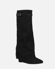 FLAVIA - stivale alto in camoscio nero con risvolto e cerniera