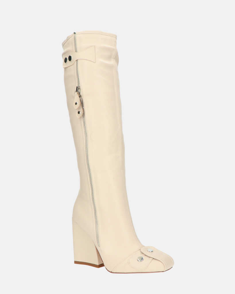 DEVA - stivali alti beige con cerniere e tacco squadrato