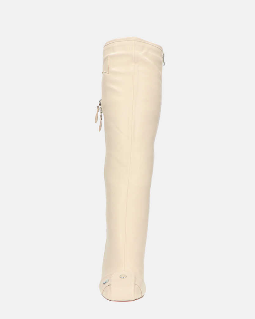 DEVA - stivali alti beige con cerniere e tacco squadrato