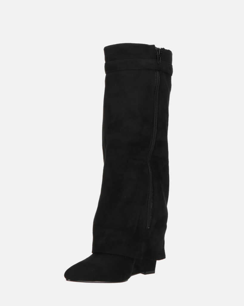 FLAVIA - stivale alto in camoscio nero con risvolto e cerniera