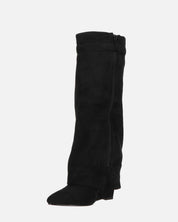 FLAVIA - stivale alto in camoscio nero con risvolto e cerniera