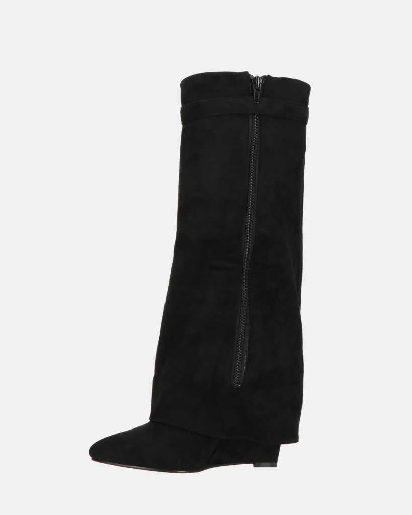 FLAVIA - stivale alto in camoscio nero con risvolto e cerniera