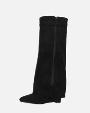 FLAVIA - stivale alto in camoscio nero con risvolto e cerniera