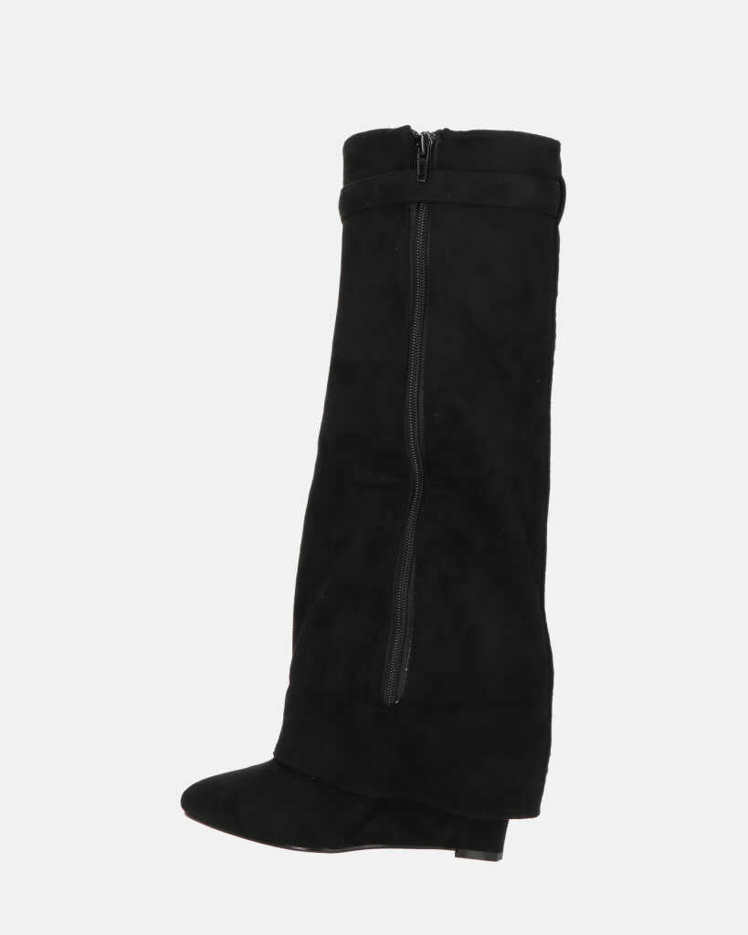 FLAVIA - stivale alto in camoscio nero con risvolto e cerniera