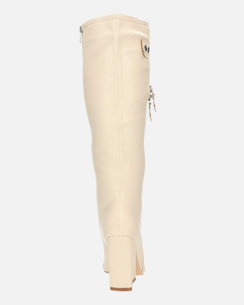DEVA - stivali alti beige con cerniere e tacco squadrato