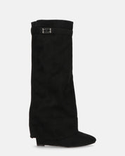 FLAVIA - stivale alto in camoscio nero con risvolto e cerniera