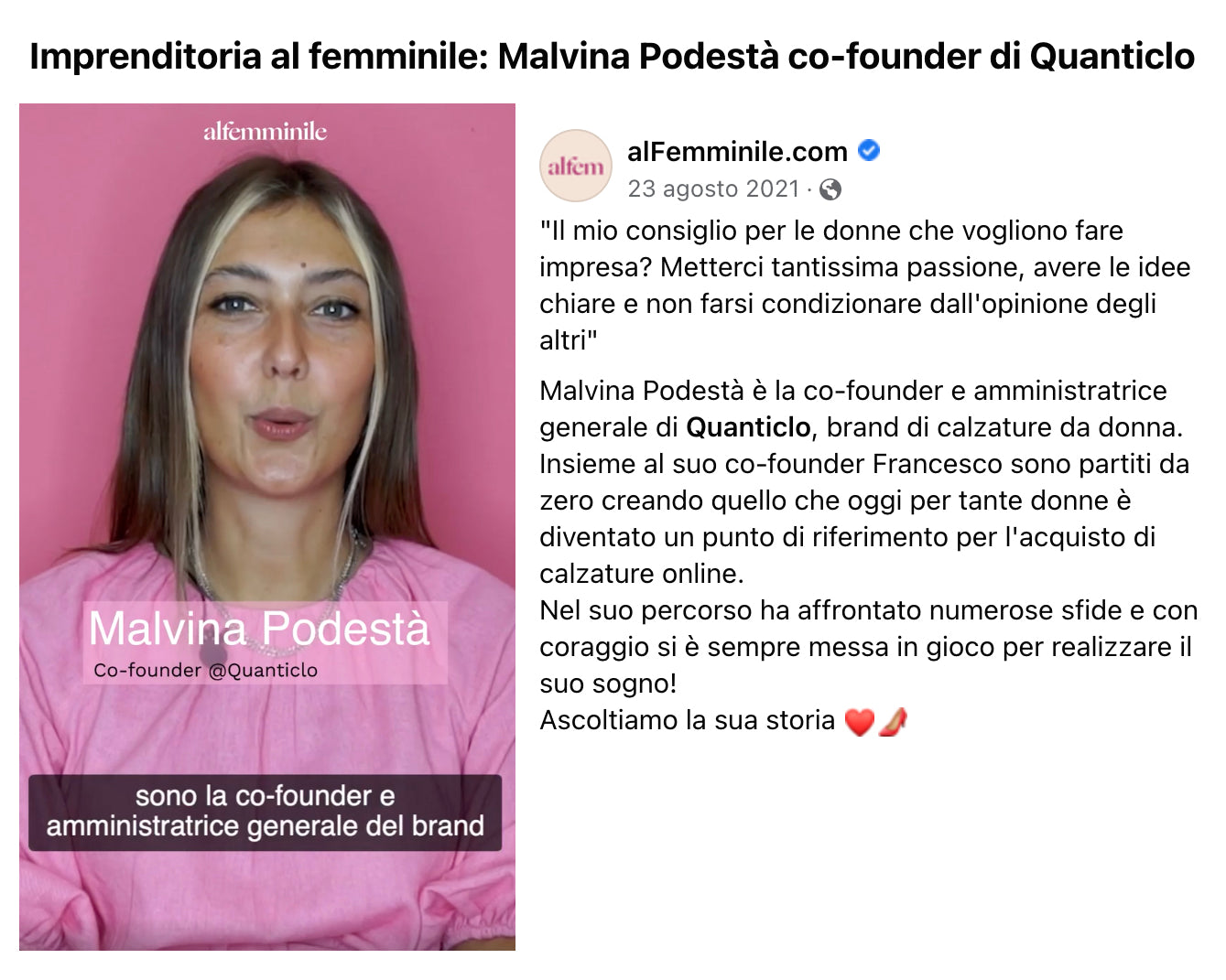 AL FEMMINILE - Imprenditoria al femminile: Malvina Podestà co-founder di Quanticlo