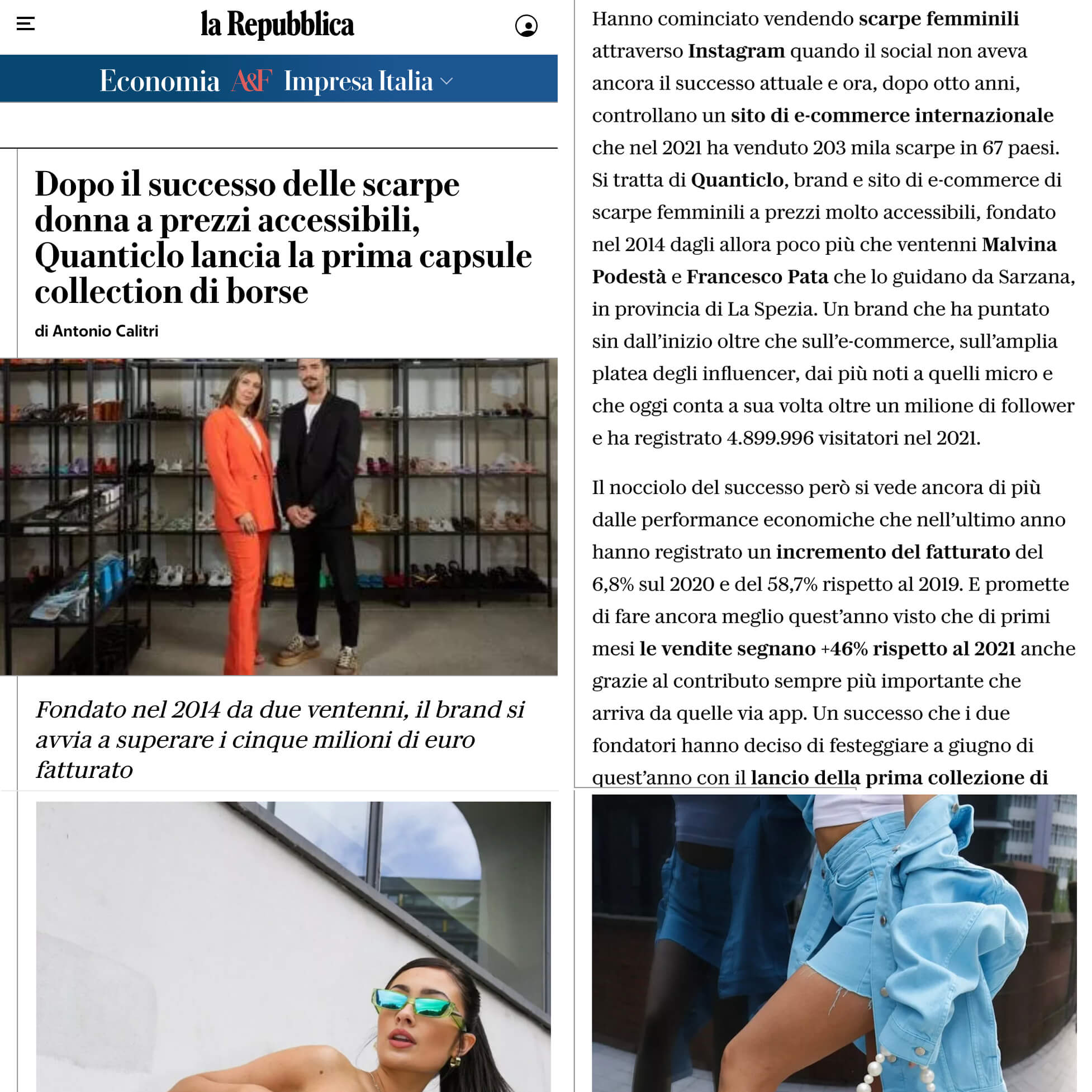 La Repubblica - Dopo il successo delle scarpe donna a prezzi accessibili, Quanticlo lancia la prima capsule collection di borse