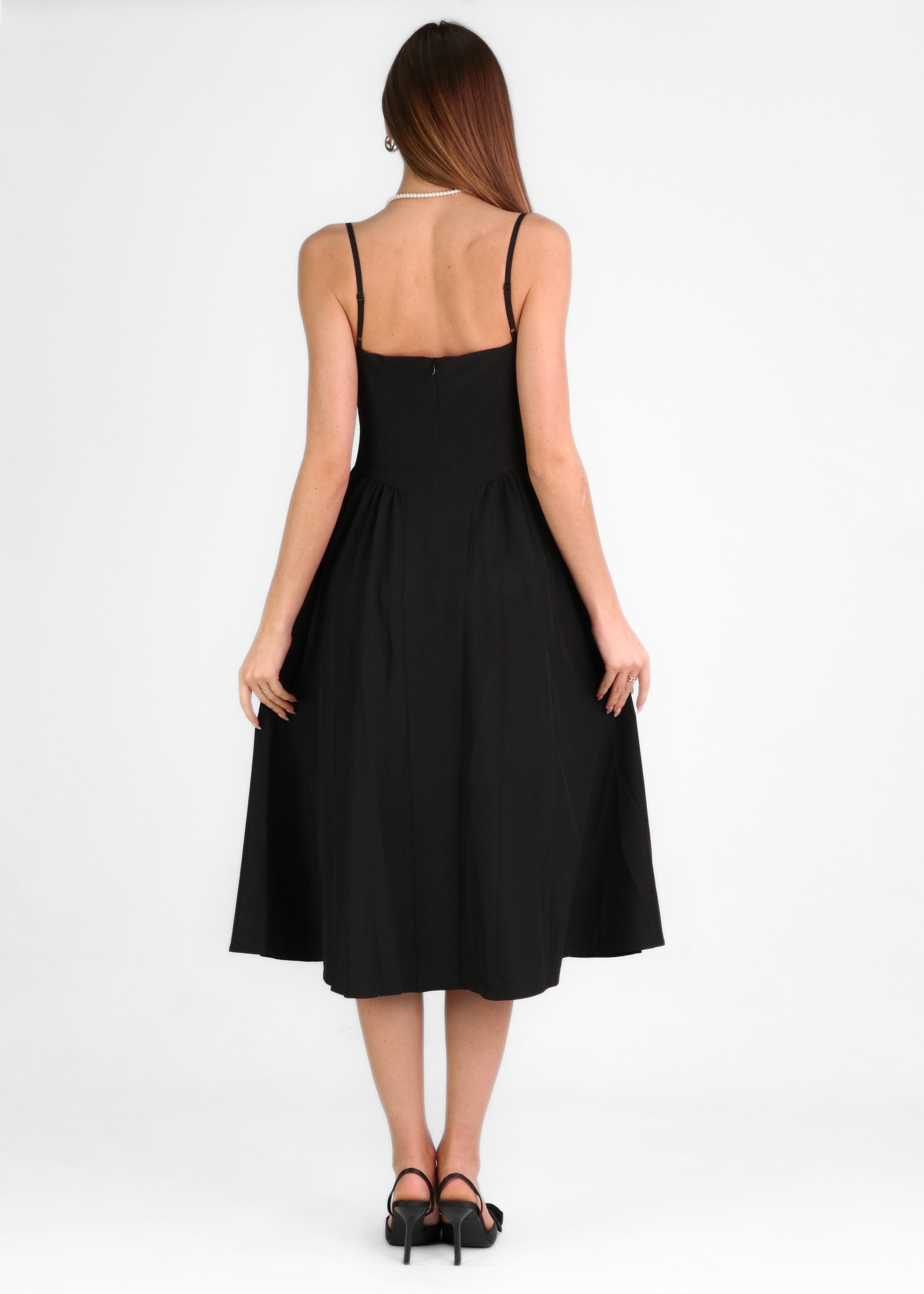 ISABEAU - vestito nero midi a ruota con corpetto