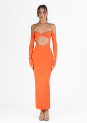 JEMIMA - vestito lungo arancione con spalle scoperte e cut out