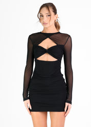 ADRIENNE - vestito mini in nero effetto mesh con incrocio e cut out sul davanti