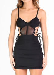 ZOE - vestito mini in tessuto mesh nero e cut out laterale