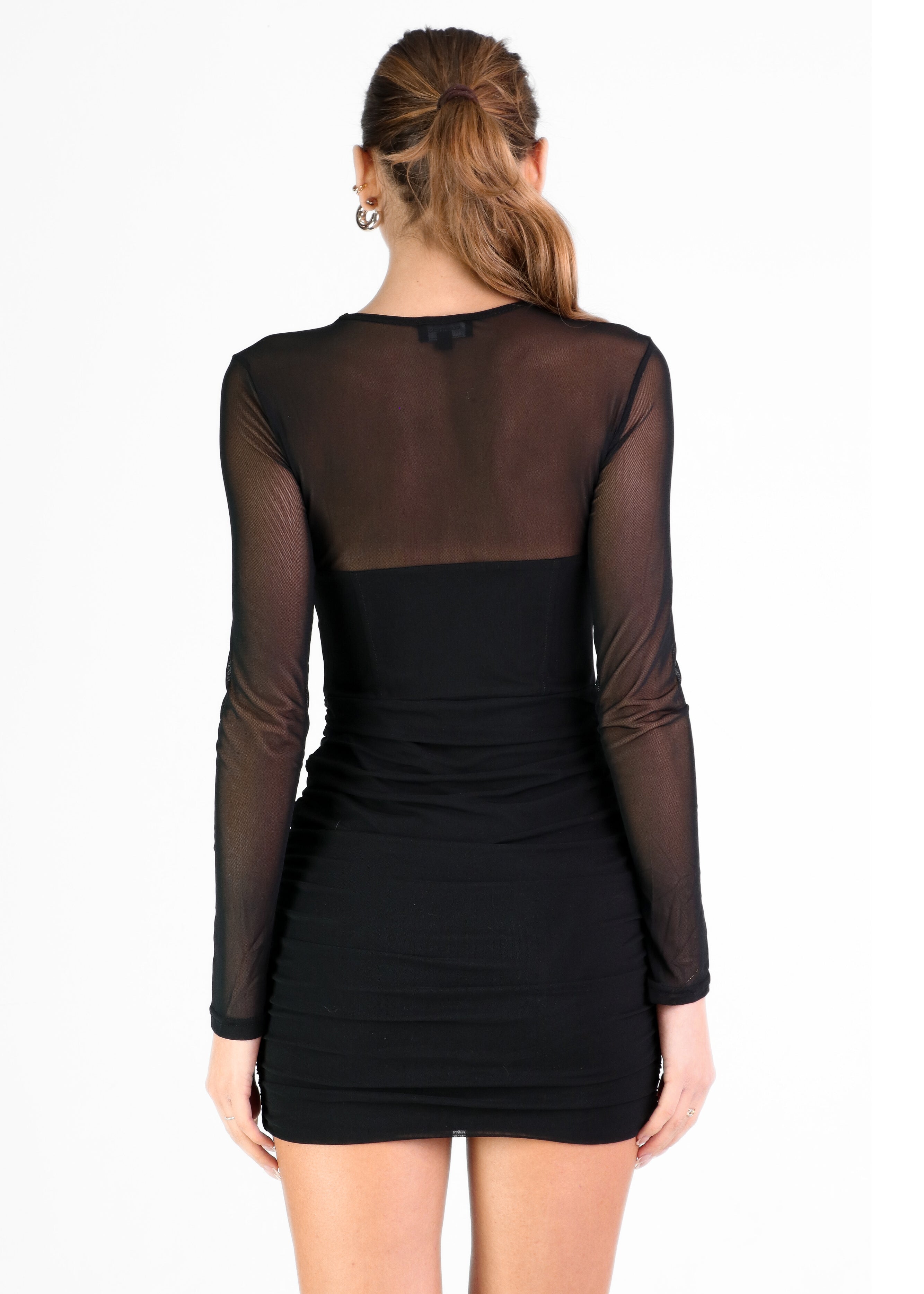 ADRIENNE - vestito mini in nero effetto mesh con incrocio e cut out sul davanti