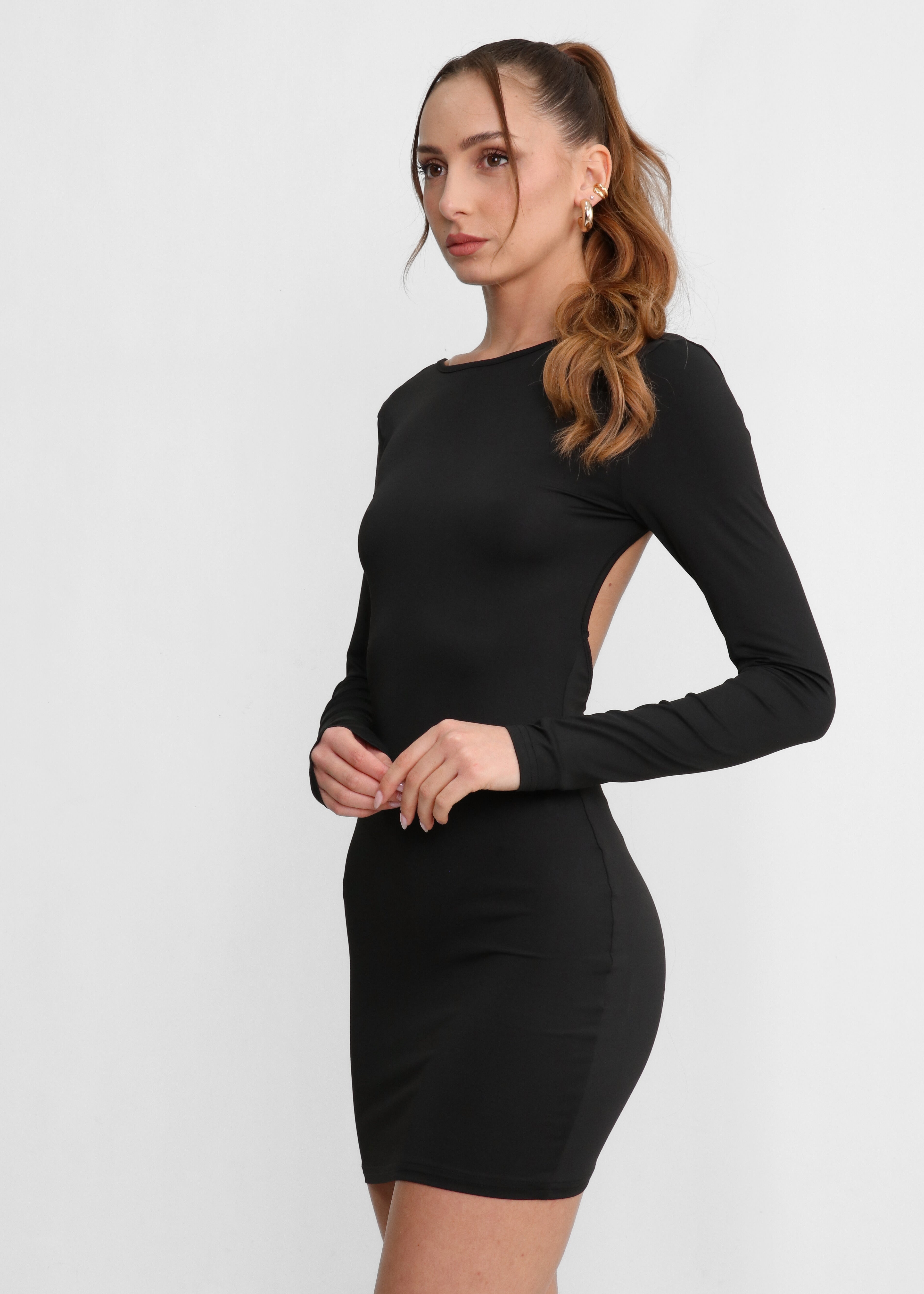 ASHER - vestito midi nero a maniche lunghe con scollo sulla schiena