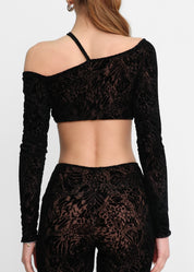 BLAKE - co-ord set in nero con crop top e pantaloni flare con trama in rilievo