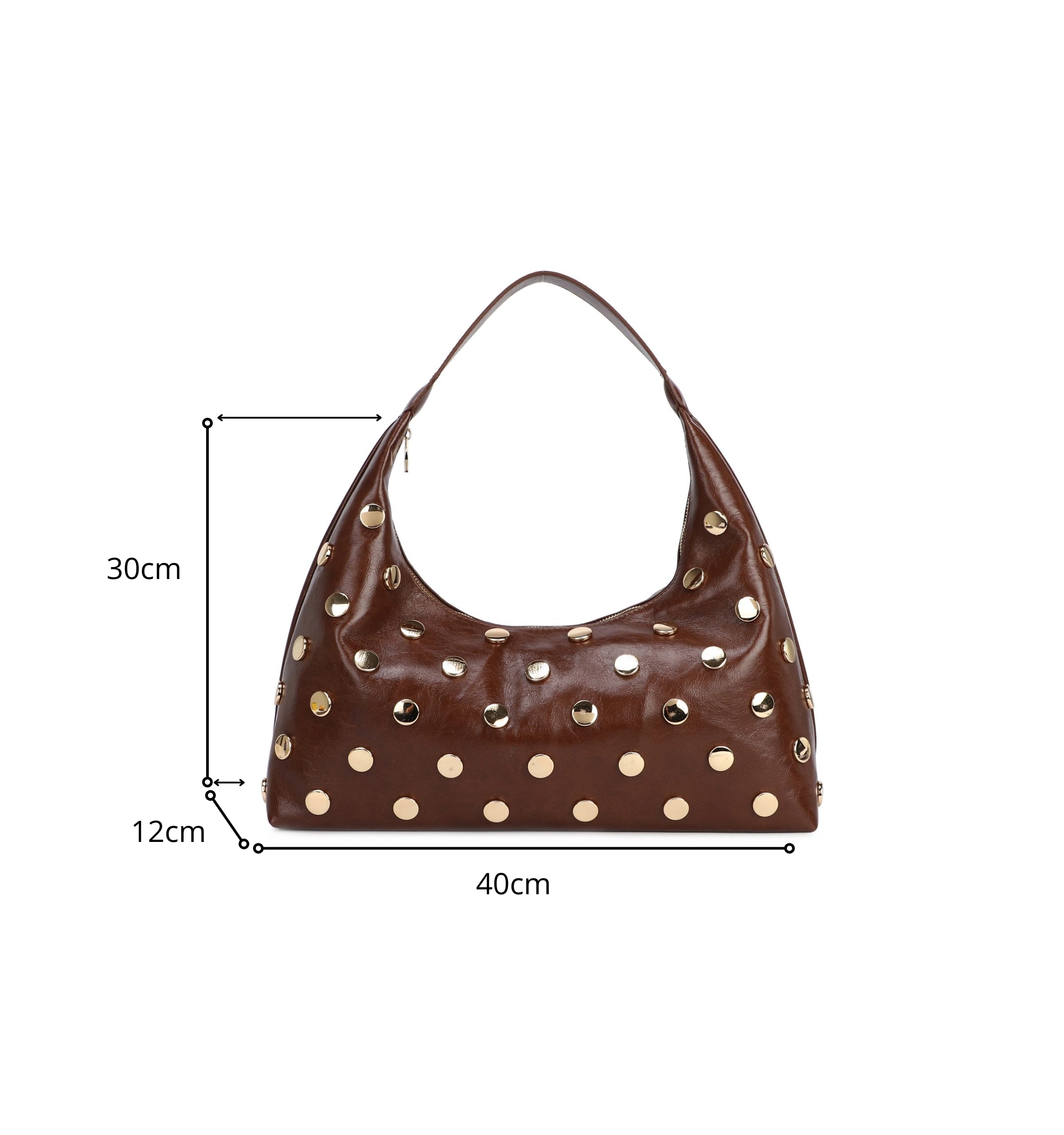 HANA - Borsa a mezzaluna marrone a spalla con maxi borchie dorate