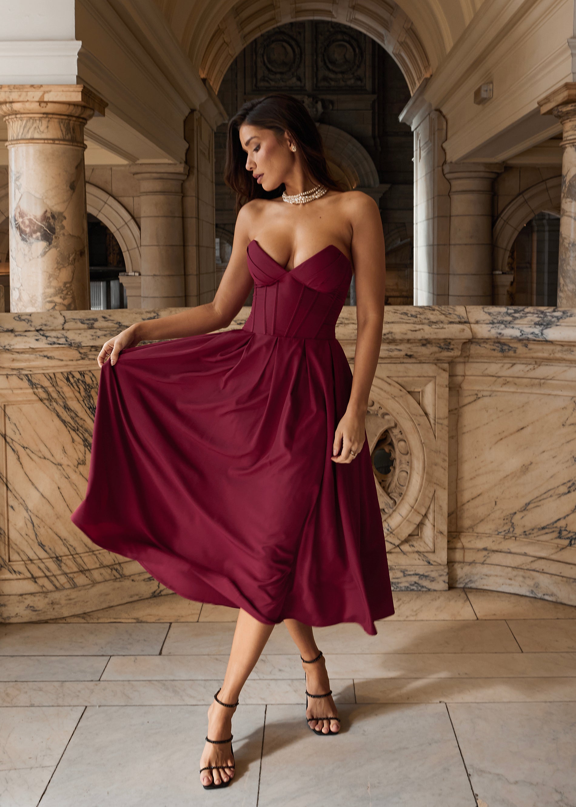 JADA - vestito midi a ruota burgundy con corpetto senza spalline