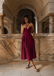 JADA - vestito midi a ruota burgundy con corpetto senza spalline